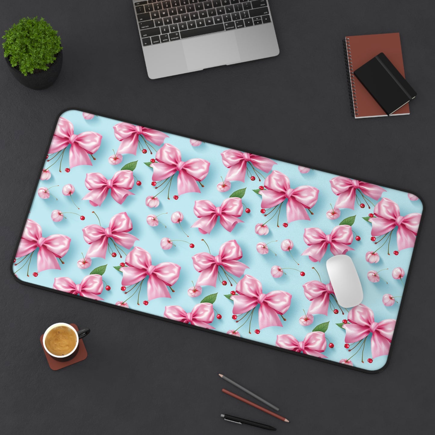 Floral Pink Bow Desk Mat - Elegant Home Office Desk Mat
