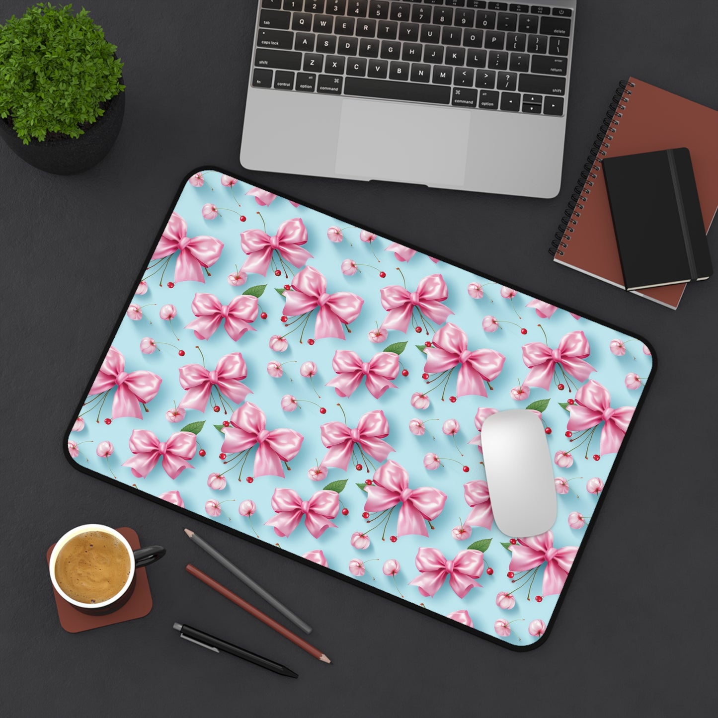 Floral Pink Bow Desk Mat - Elegant Home Office Desk Mat