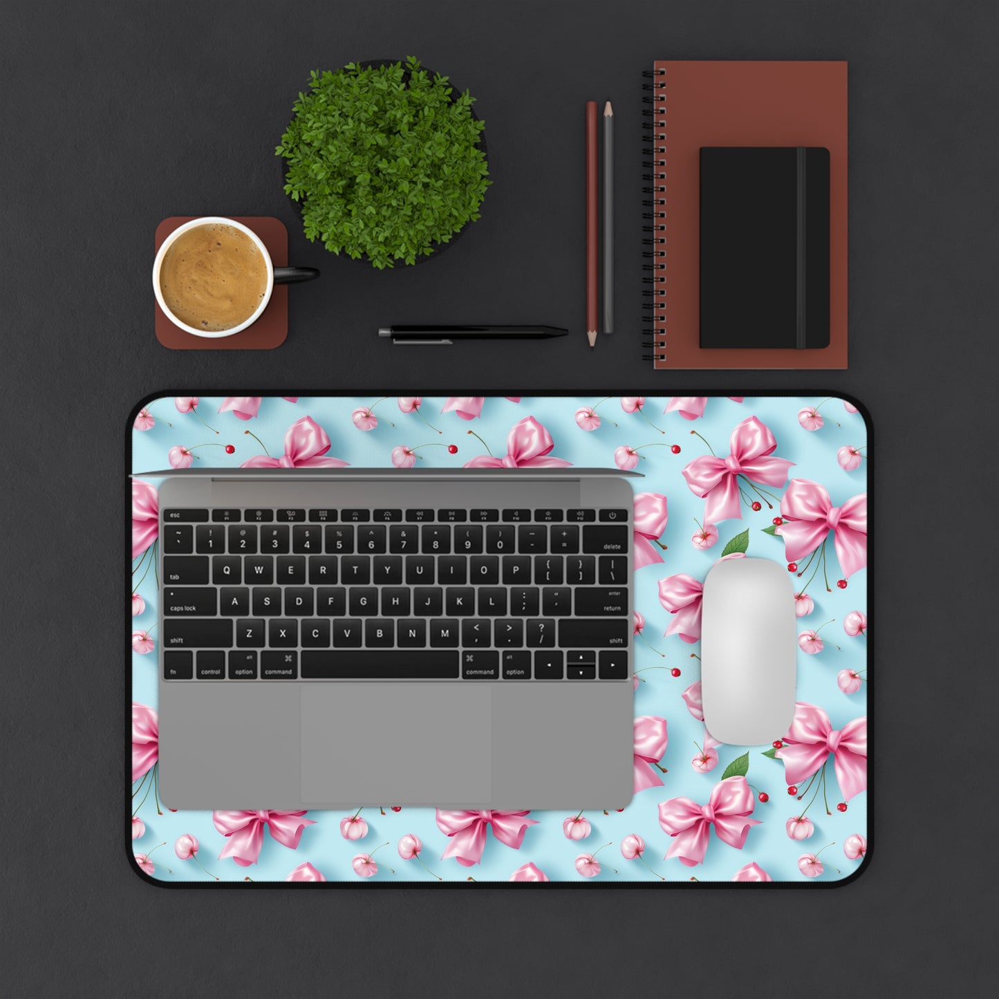 Floral Pink Bow Desk Mat - Elegant Home Office Desk Mat