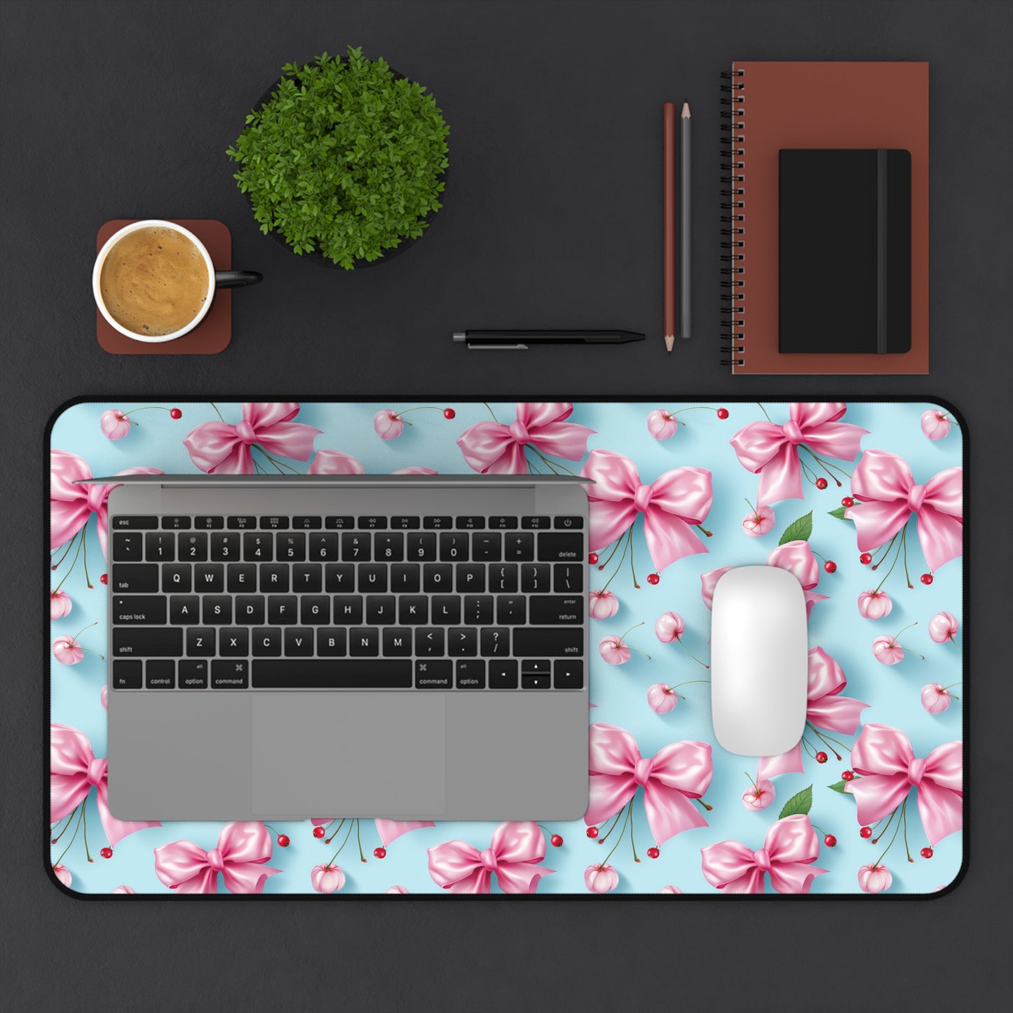 Floral Pink Bow Desk Mat - Elegant Home Office Desk Mat