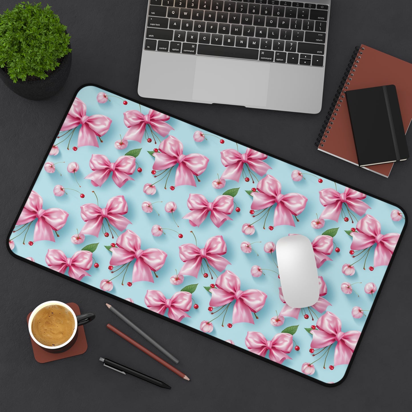 Floral Pink Bow Desk Mat - Elegant Home Office Desk Mat