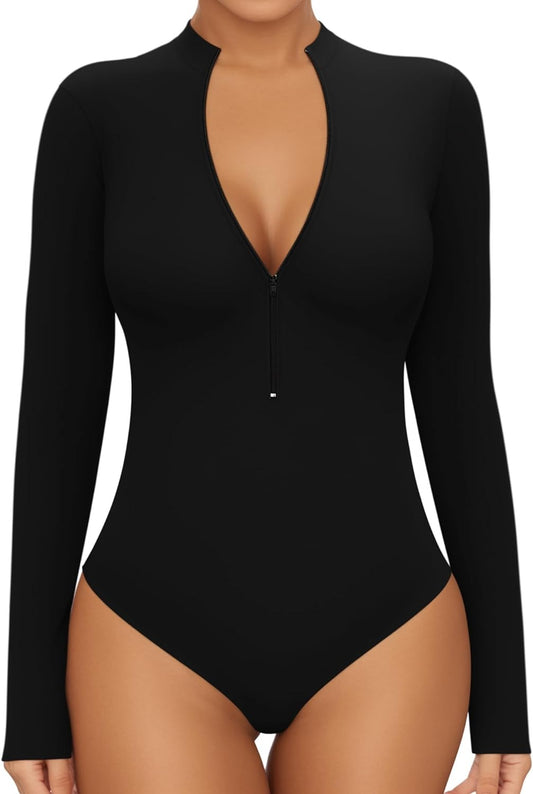 Long Sleeve Body Suit Mock Turtle Neck Zip up Bodysuit for Women Ribbed Deep V Sexy Bodysuit Shirts