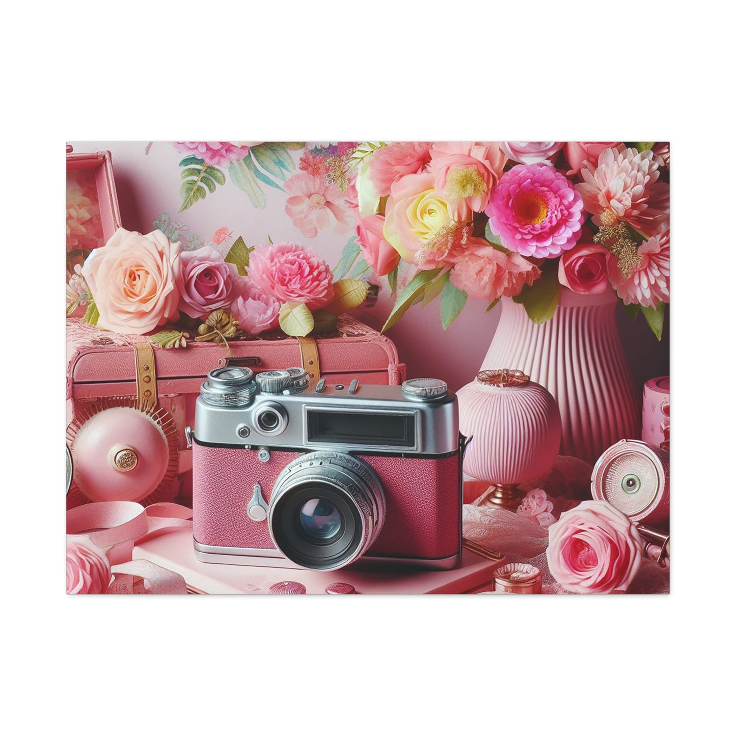 Pink Posy Camera Canvas: Add a Touch of Whimsy to Your Walls (Pastel Art Print)