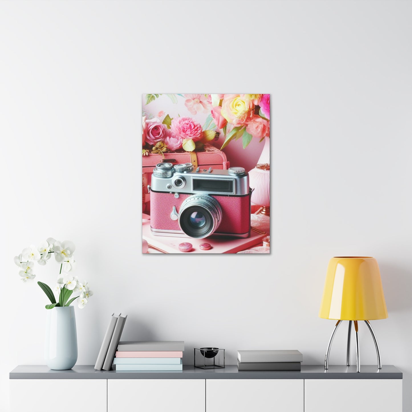 Pink Posy Camera Canvas: Add a Touch of Whimsy to Your Walls (Pastel Art Print)