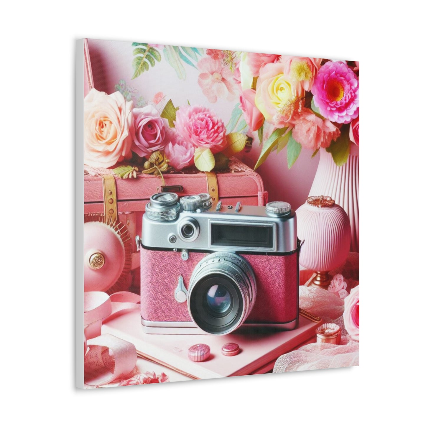 Pink Posy Camera Canvas: Add a Touch of Whimsy to Your Walls (Pastel Art Print)