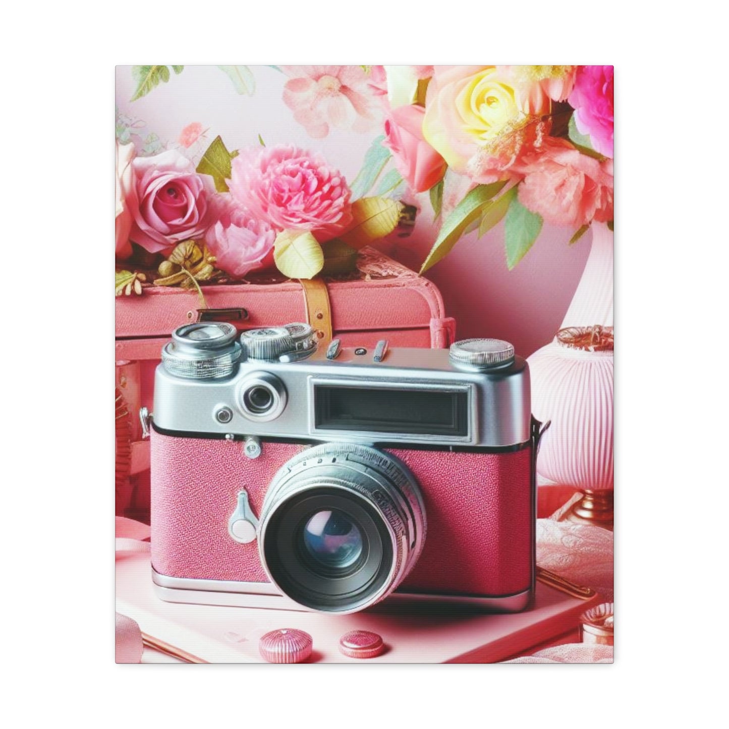 Pink Posy Camera Canvas: Add a Touch of Whimsy to Your Walls (Pastel Art Print)