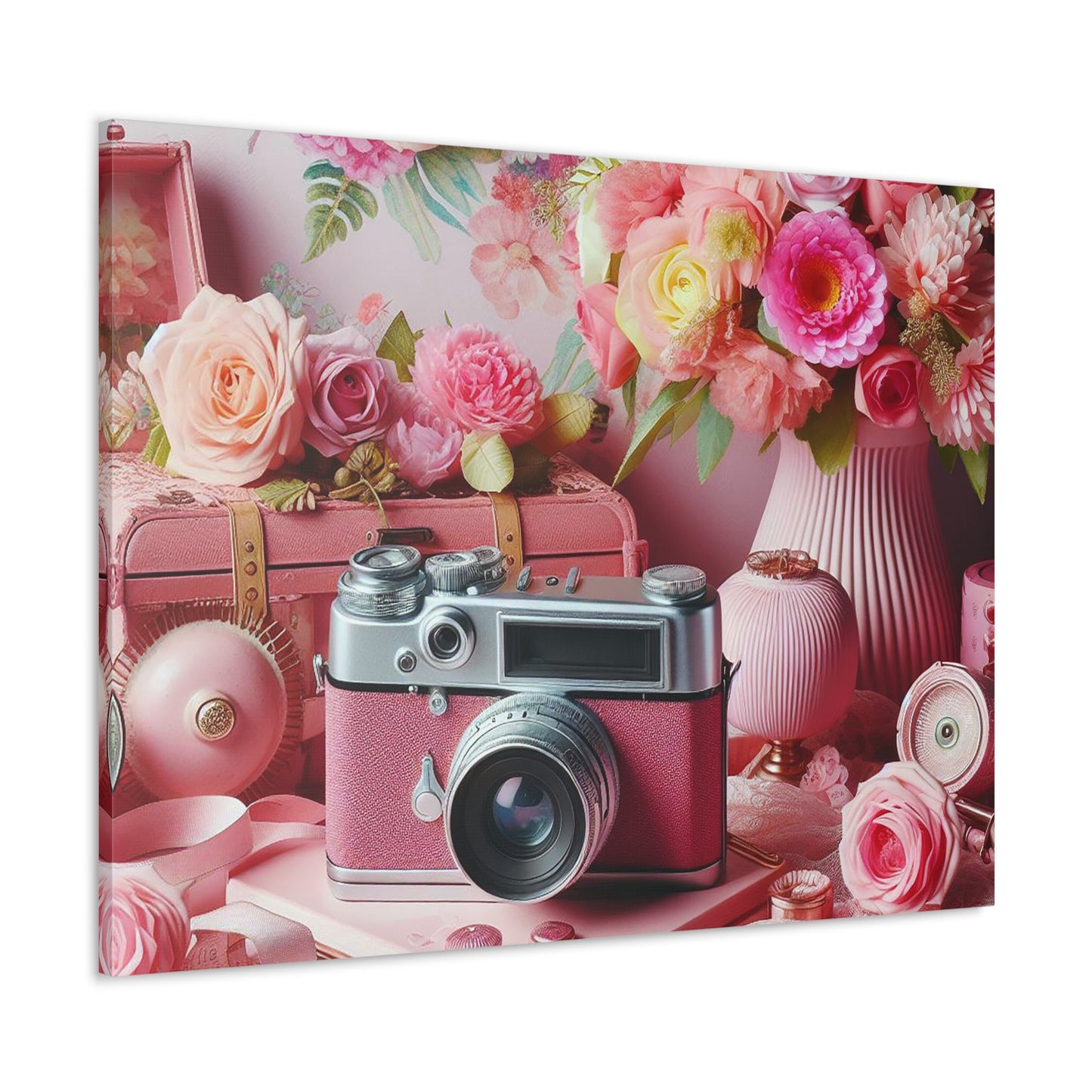 Pink Posy Camera Canvas: Add a Touch of Whimsy to Your Walls (Pastel Art Print)