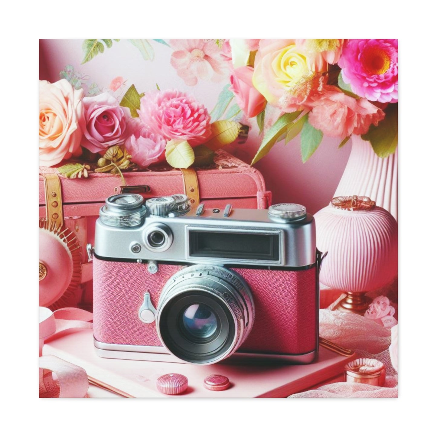 Pink Posy Camera Canvas: Add a Touch of Whimsy to Your Walls (Pastel Art Print)