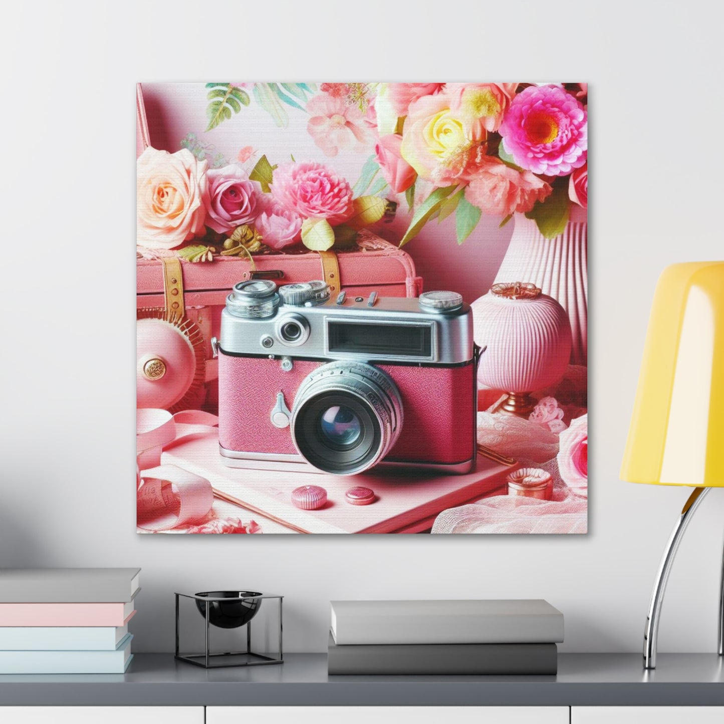 Pink Posy Camera Canvas: Add a Touch of Whimsy to Your Walls (Pastel Art Print)