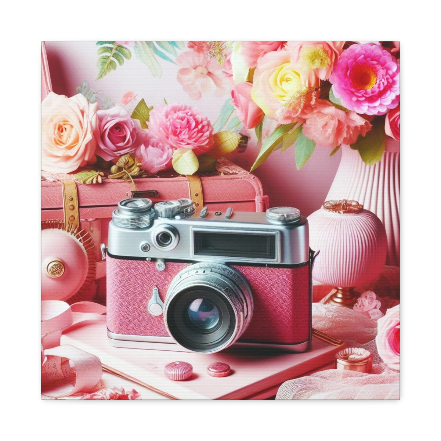 Pink Posy Camera Canvas: Add a Touch of Whimsy to Your Walls (Pastel Art Print)