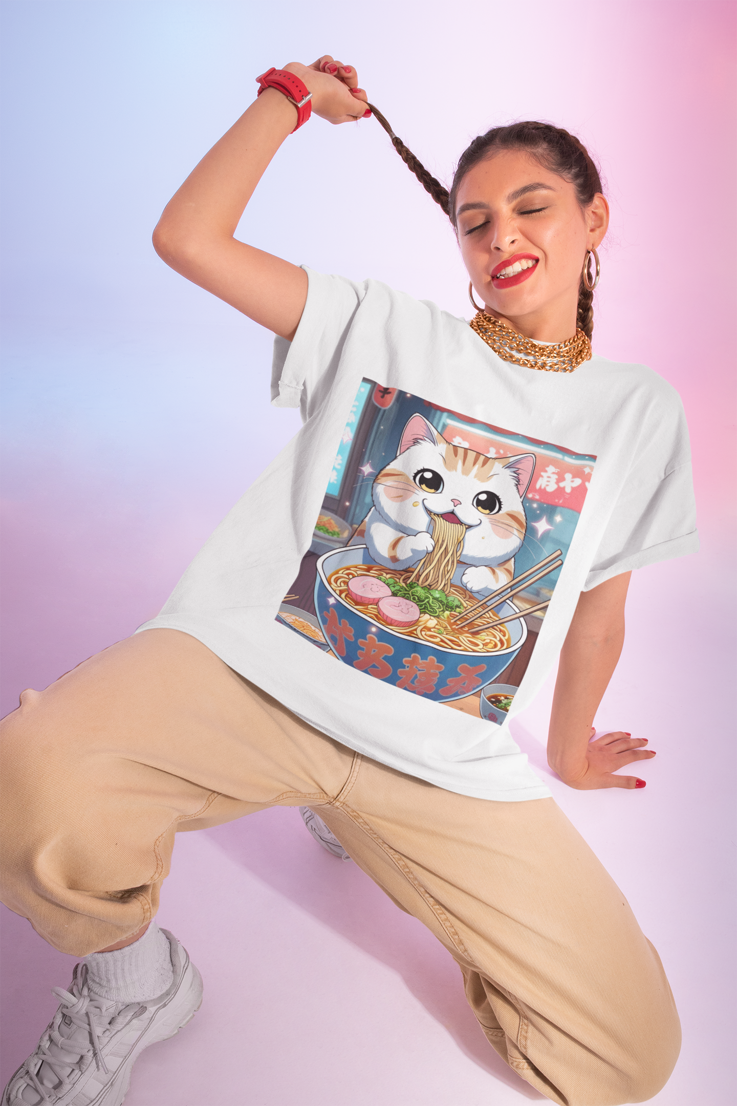 Cute Cat Ramen T-Shirt - Fun and Cozy Design A kawaii anime-style Tshirt
