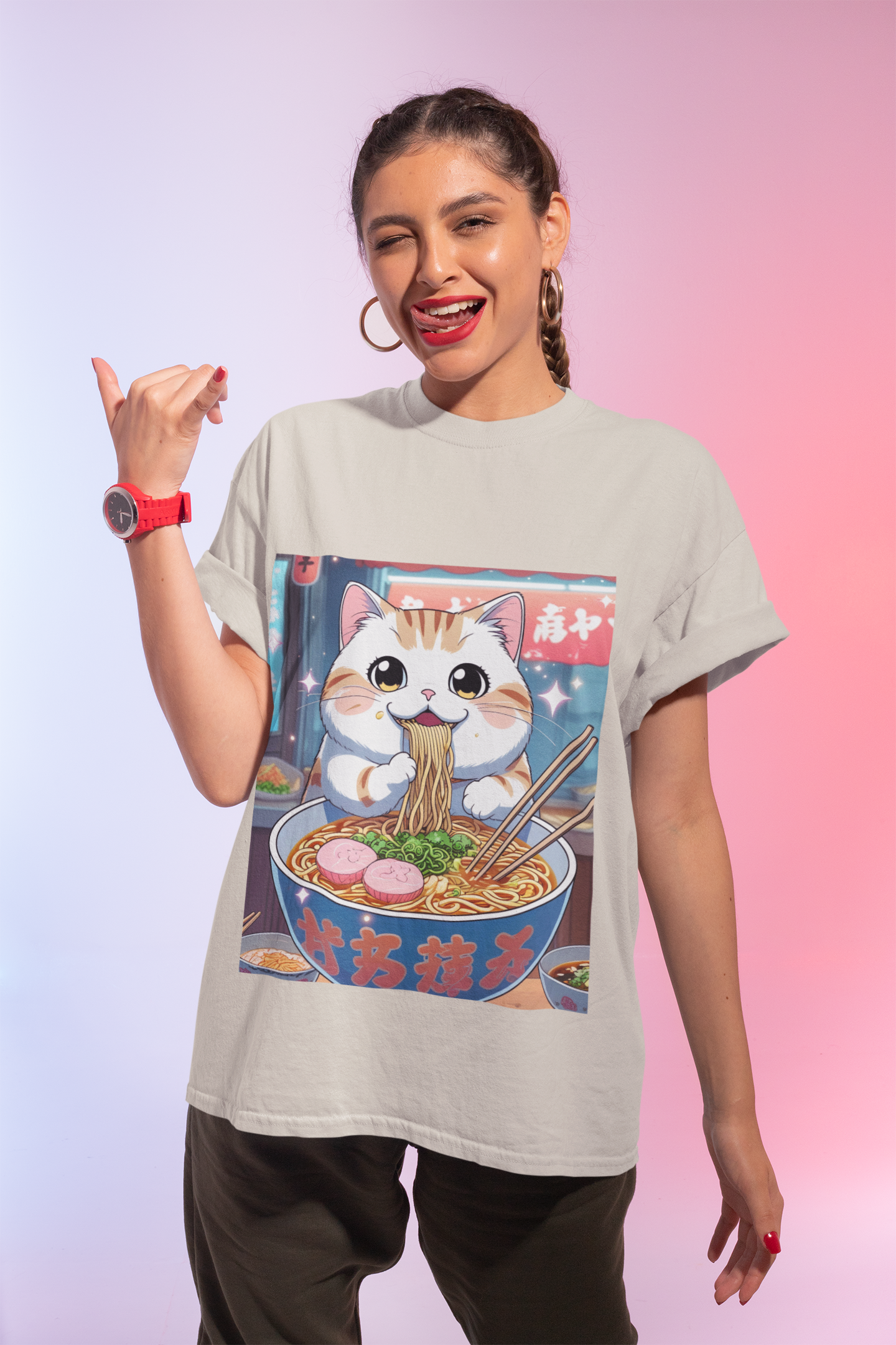 Cute Cat Ramen T-Shirt - Fun and Cozy Design A kawaii anime-style Tshirt