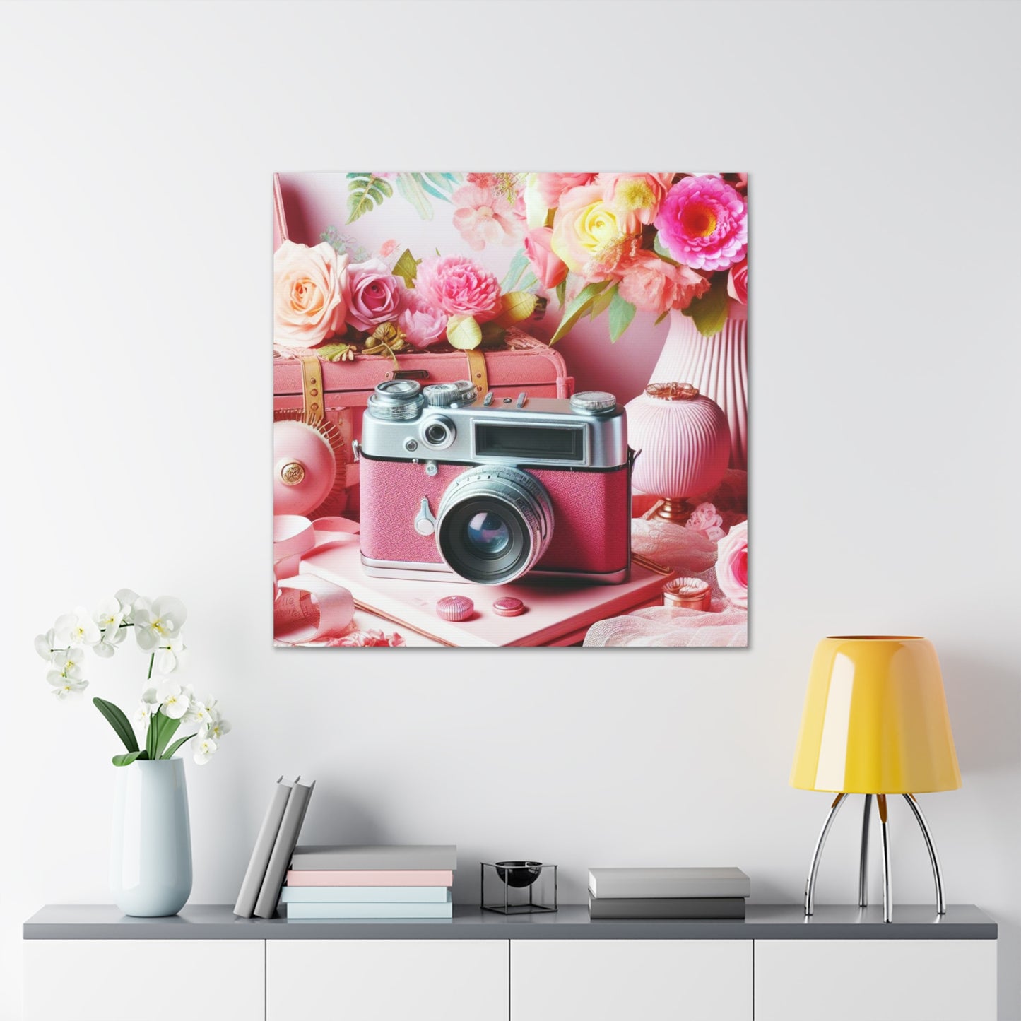 Pink Posy Camera Canvas: Add a Touch of Whimsy to Your Walls (Pastel Art Print)