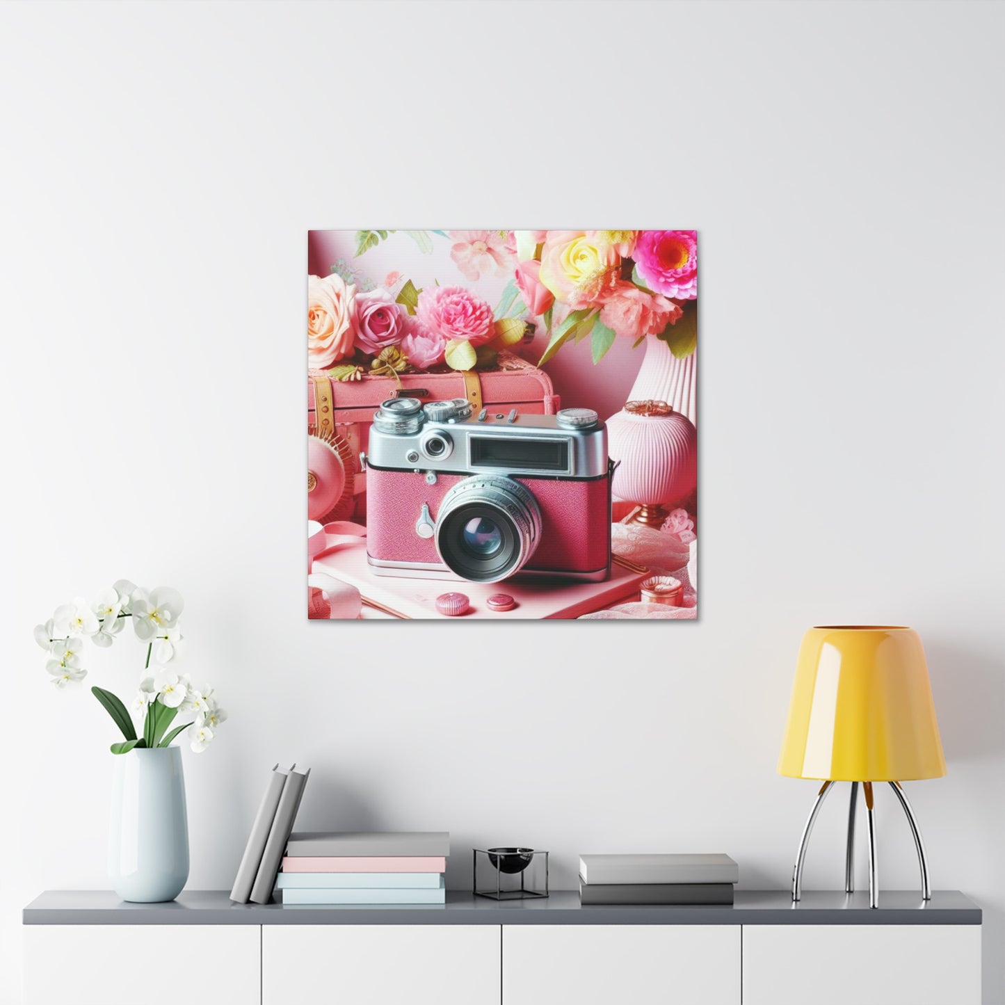 Pink Posy Camera Canvas: Add a Touch of Whimsy to Your Walls (Pastel Art Print)