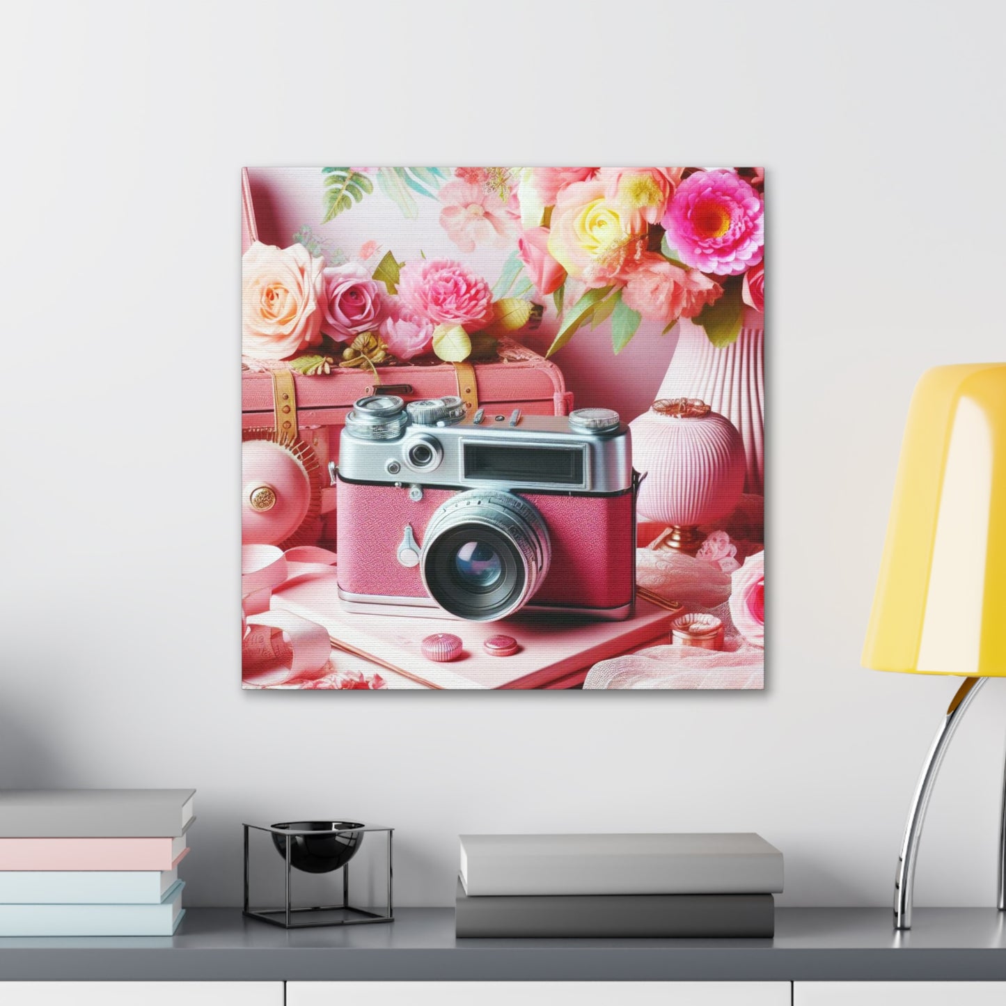 Pink Posy Camera Canvas: Add a Touch of Whimsy to Your Walls (Pastel Art Print)