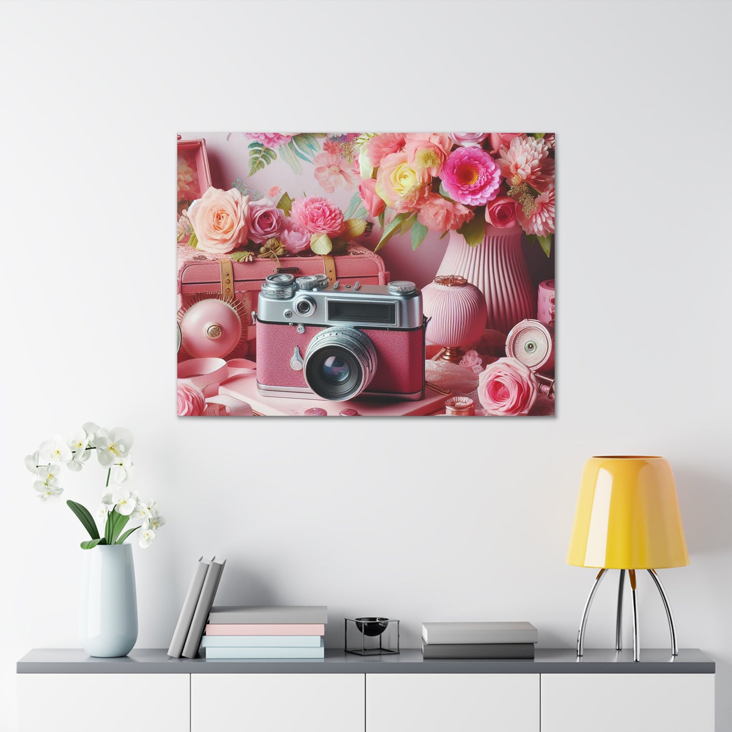 Pink Posy Camera Canvas: Add a Touch of Whimsy to Your Walls (Pastel Art Print)