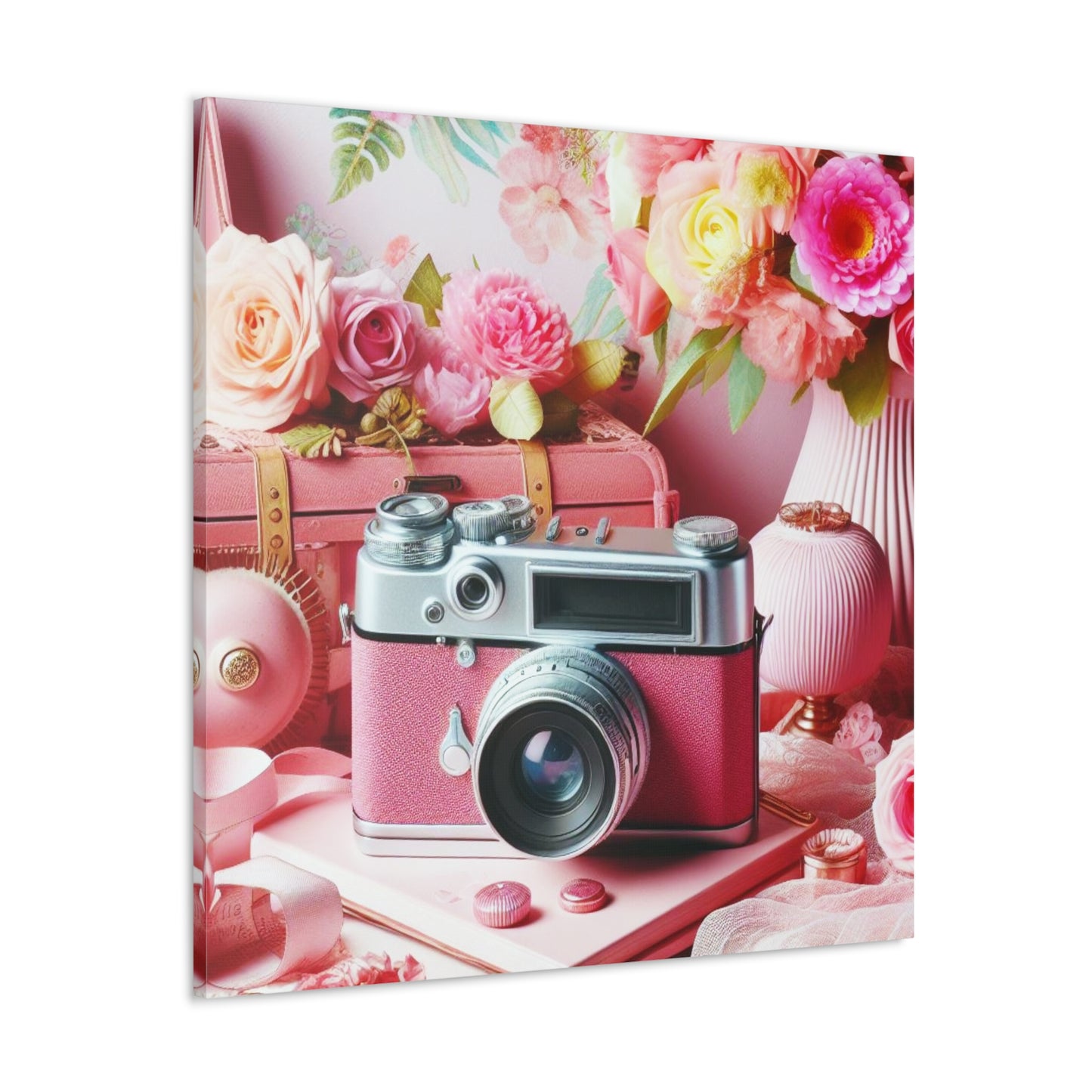 Pink Posy Camera Canvas: Add a Touch of Whimsy to Your Walls (Pastel Art Print)