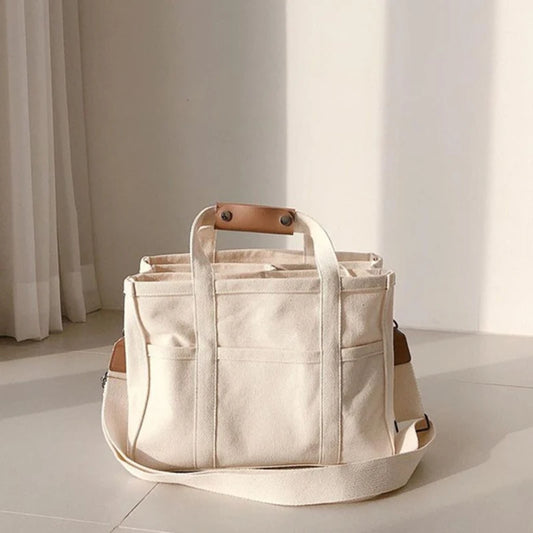 Women's Casual Canvas Handbag Multi-pocket Large Capacity Tote Bag Adjustable Shoulder Strap Casual Shoulder Shopper Bag Female